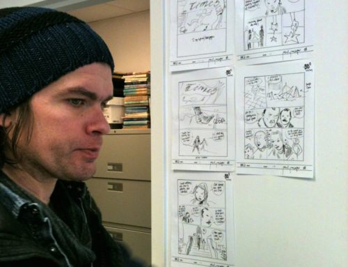 A glimpse of Paul Pope between thumbnails and drawing table on BATTLING BOY 2!